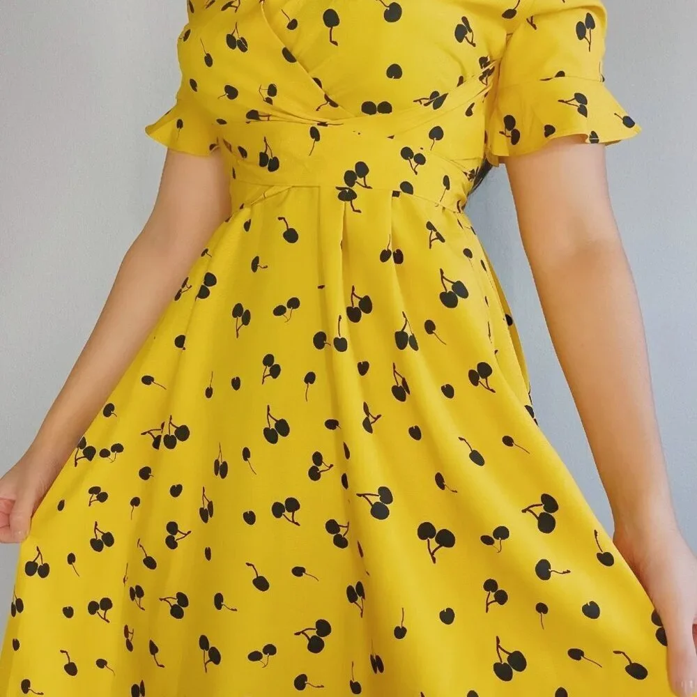 Yellow Cherry Midi Summer Spring Dress - Picture 7 of 7